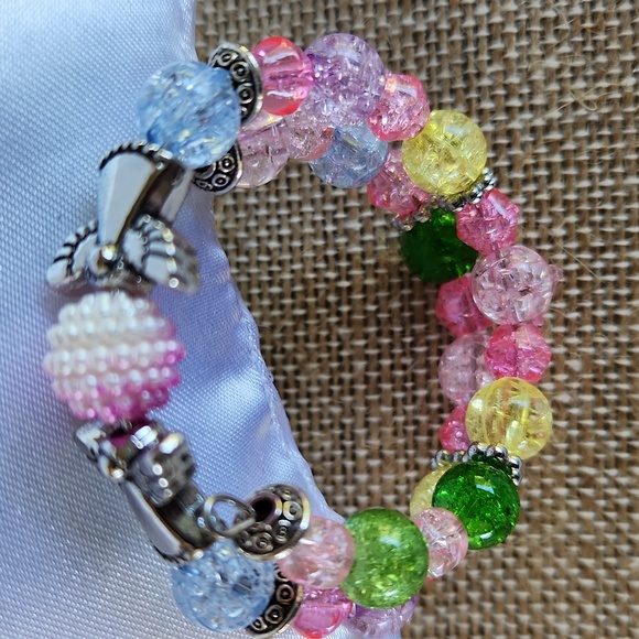 "SOLD" Hand Crafted Angel Wrap Bracelet S Crackled Beads Pink Green Yellow - Picture 7 of 9